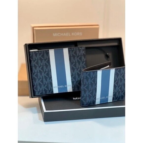 S Michael Kors Billfold Wallet Box Set Black Navy 36H1LGFF1B - Picture 1 of 6